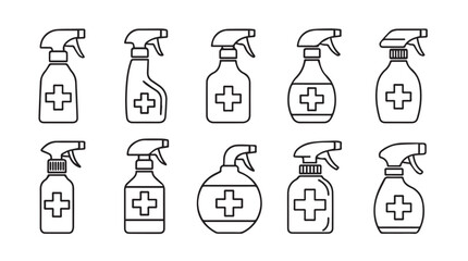 Collection of hand-drawn cleaning spray bottles with medical cross icons for hygiene and disinfection vector