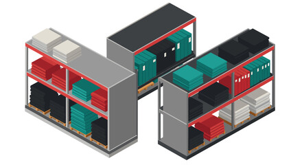 Isometric warehouse shelves with files and documents in organized storage