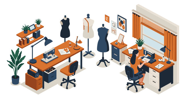 Creative fashion design studio with dressforms and desks in cozy workspace - Powered by Adobe