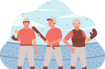 Baseball Team Illustration with Transparent Background Wearing Uniforms on Field Under Cloudy Sky with Decorative Stars