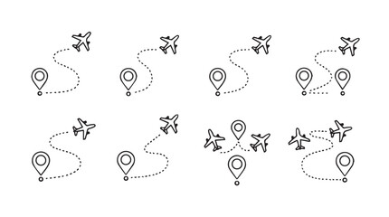 Hand drawn airplane route map icons with location pins and flight paths vector © Marzina Begum