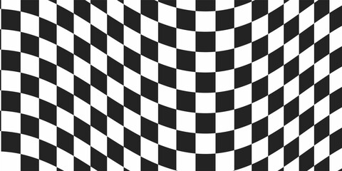 Psychedelic optical background. Abstract chess square illusion. Wavy surface checkered pattern with geometric graphic. Checkerboard warped print. Y2k design for banner.eps 10