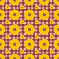 Seamless Yellow Flower Pattern on Red Gingham Background