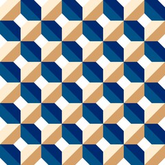 Seamless Geometric 3D Cube Pattern in Blue and Beige