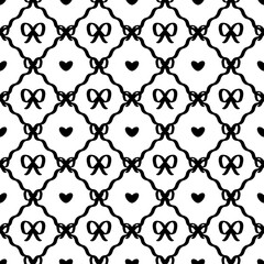 Seamless Black and White Pattern with Bows and Hearts