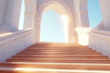 Obraz premium Ascending to the Light: An upward staircase bathed in radiant sunlight, leading towards a bright archway against a serene sky, creating a sense of hope and ascension.