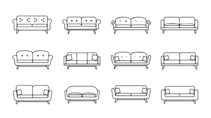 Diverse collection of couch and sofa furniture designs isolated architectural line drawings representing various styles vector