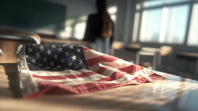 An American flag rests on a desk in a sunlit classroom, with empty chairs arranged around it