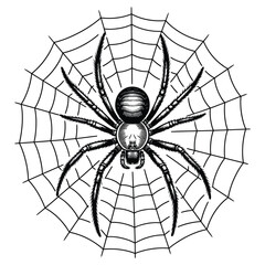 Fototapeta premium Detailed black and white illustration of a spider on its web
