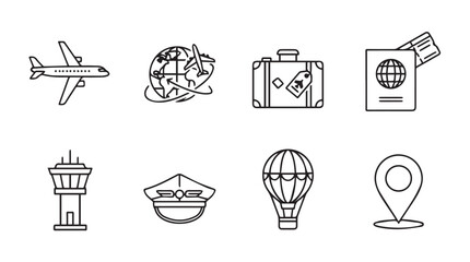Set of travel and aviation icons including airplane globe suitcase passport control tower cap hot air balloon and map pin. vector