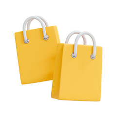 3D render of two bright yellow shopping bags with white handles, isolated on white background