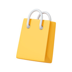 3D yellow shopping bag with white handles tilted view isolated on white background, retail concept