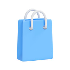 Modern 3D shopping bag in blue color with white handles, isolated on white background
