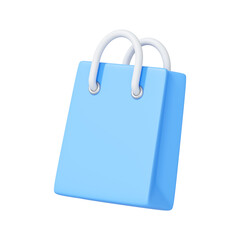 Modern 3D shopping bag in blue with white handles, isolated on white background