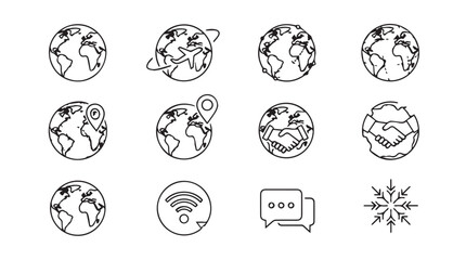 Set of stylized globe icons with map pin wifi and chat bubbles for global communication concepts vector