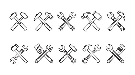 Crossed hammer and wrench icons collection set retro sketch style hand drawn tools vector