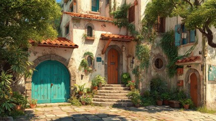 Charming Italian village housescape featuring vivid colors and cobblestone alley