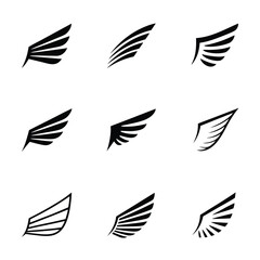 Nine black stylized wing icons on white background wings symbol