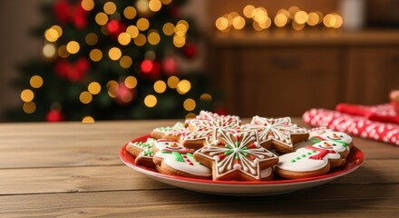 Cozy Holiday Delight - Plate of Iced Christmas Cookies on Rustic Wood, Blurry Tree Lights.