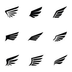 Nine black wing icons on white background abstract graphic design elements wings symbol