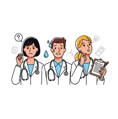  Confused team members collaborating around a laptop with question marks silhouette