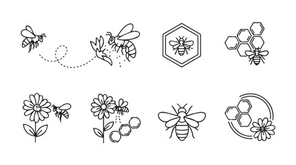 Delicate sketch style honey bee and flower elements for artisanal designs and sweet decorations vector