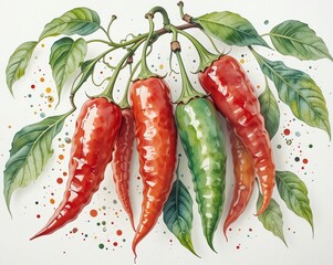 Colorful Watercolor Peppers Still Life Fresh and Spicy Veggies Illustration painting