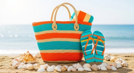 Vibrant Beach Essentials - Striped Tote, Flip-Flops, and Seashells on Sandy Shoreline.