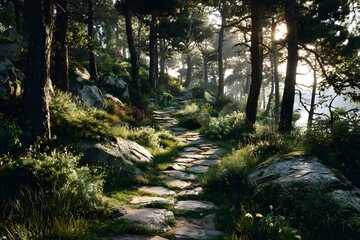 Obraz premium Inviting image of a winding stone path leading through a vibrant green forest filled with tall pine trees and lush undergrowth, with sunlight filters.