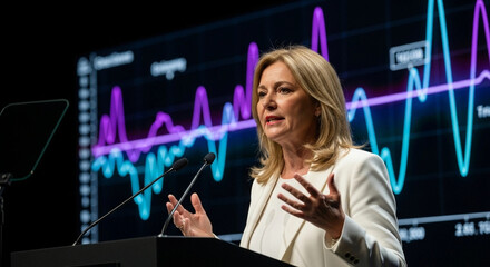 Businesswoman Giving Presentation with Data Visualization