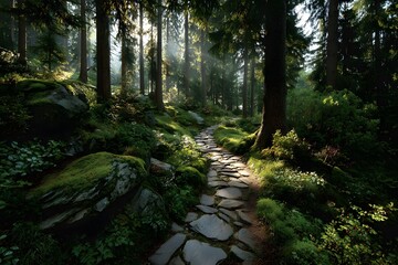 Fototapeta premium Inviting image of a winding stone path leading through a vibrant green forest filled with tall pine trees and lush undergrowth, with sunlight filters.