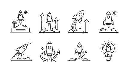 Set of hand drawn rocket ship launch icons representing space travel and innovation concepts vector