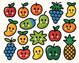 Cute fruit vector illustration featuring apples oranges grapes mango pineapple and other fruits