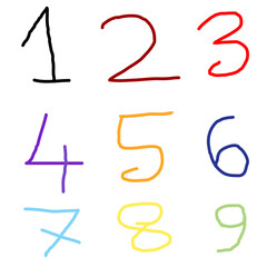 A colorful collection of vector hand drawn numbers one to nine displayed against a clean white background