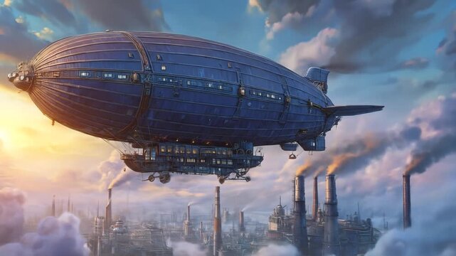 A magnificent zeppelin soars above a sprawling industrial cityscape, bathed in the soft light of dawn.