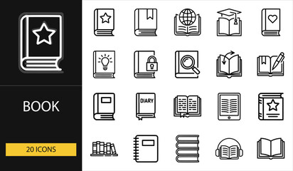 Thin line book icons set of 20 vector symbols including diary, notebook, literature, education, reading, and study materials design