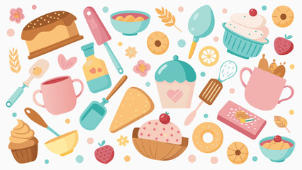 A baking-themed illustration scattered with sweet elements on a white background.