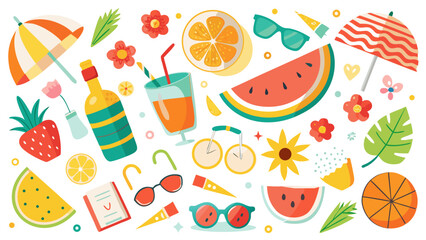 A cheerful summer-themed illustration scattered with seasonal elements on a white background.