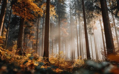 Misty fall forest illuminated by soft golden sunlight during early morning hours