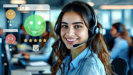 Smiling Customer Service Representative with Headset in Modern Office Environment