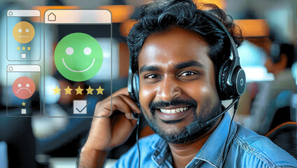 Smiling Customer Service Agent Engaged in Positive Feedback Interaction at Call Center