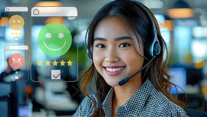 Smiling Customer Service Representative with Headset Displaying Feedback Icons in Modern Office