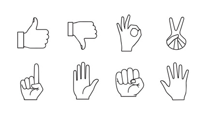Set of hand gesture icons showing thumbs up down ok peace sign finger fist and open palm vector