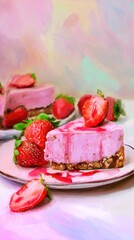 A piece of strawberry cheesecake on an elegant plate, surrounded by fresh strawberries 