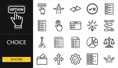 Thin line choice icons set of 20 vector symbols including option, decision, survey, checklist, idea, balance, and selection concept