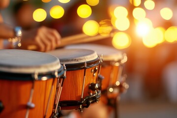 Naklejka premium Rhythmic Echoes: A drummer plays the bongo drums under a warm, radiant light, creating a mesmerizing musical experience.