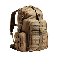 Tan tactical backpack with multiple compartments isolated on transparent background