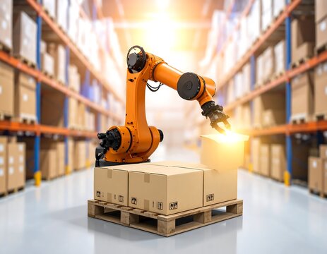 Automated warehouse, robotic arm placing box