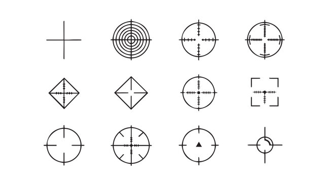 Collection of aiming sight reticles crosshairs targeting crosshair symbols for precision and focus vector