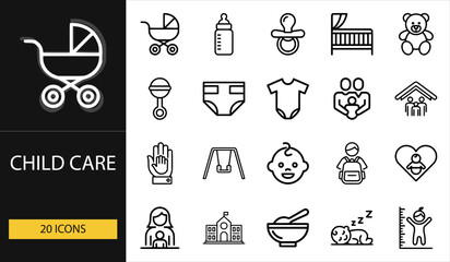 Thin line child care icons set of 20 vector symbols including stroller, bottle, pacifier, crib, toy, baby, family, and parenting concept